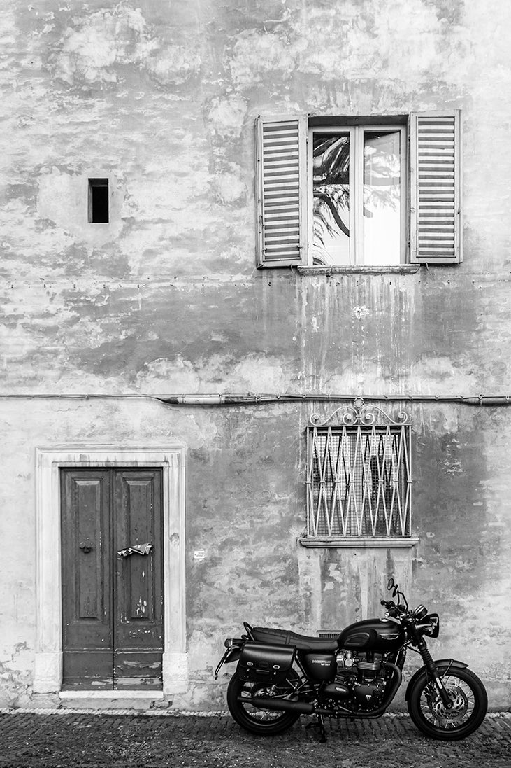 A0 Portrait Old Village with Classic Motorcycle